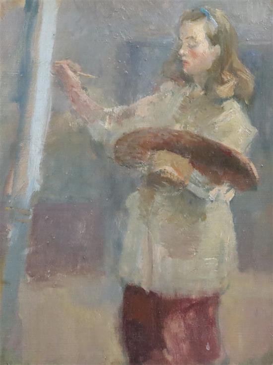 Marian Kratochwil (1906-1997) Self portrait of the artist working at an easel 32 x 25cm.
